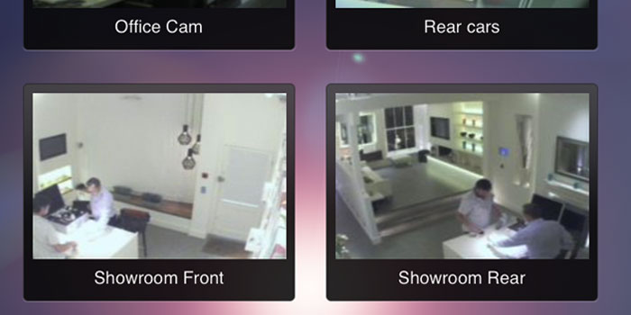 Screenshot of lighting control application, showing multiple cameras around an office